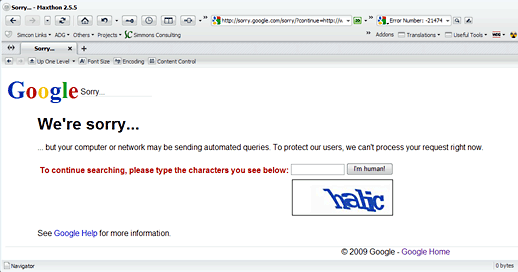 Screen shot of Google error message